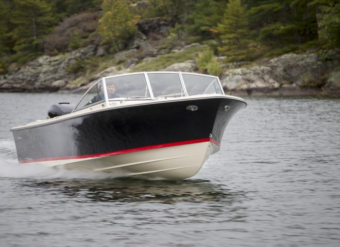 Rossiter Boat cruising down Georgian Bay near Pointe Au Baril